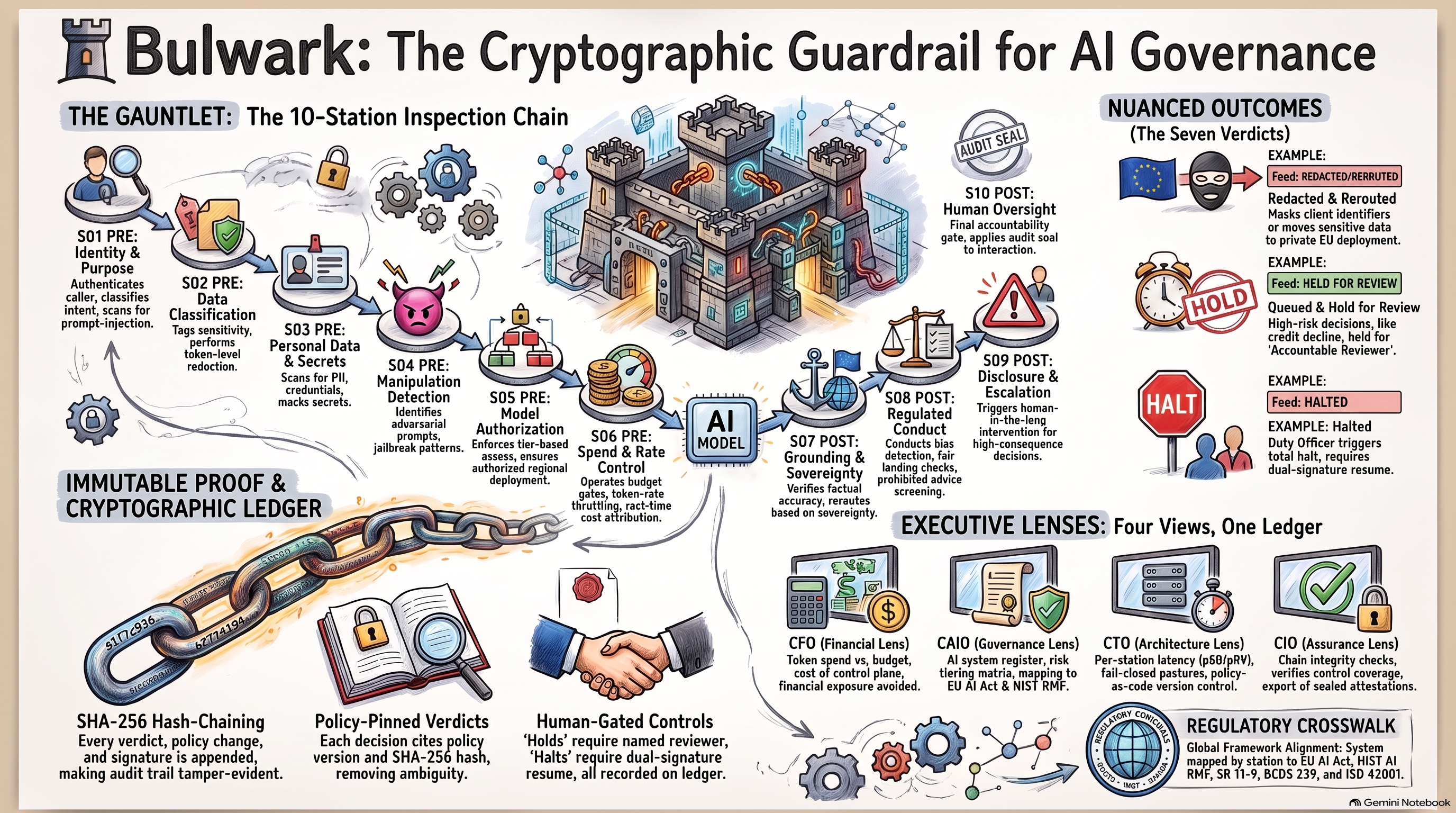 AI Governance Guardrail System Overview — infographic showing the ten stations, seven verdicts, four lenses, and regulatory crosswalk