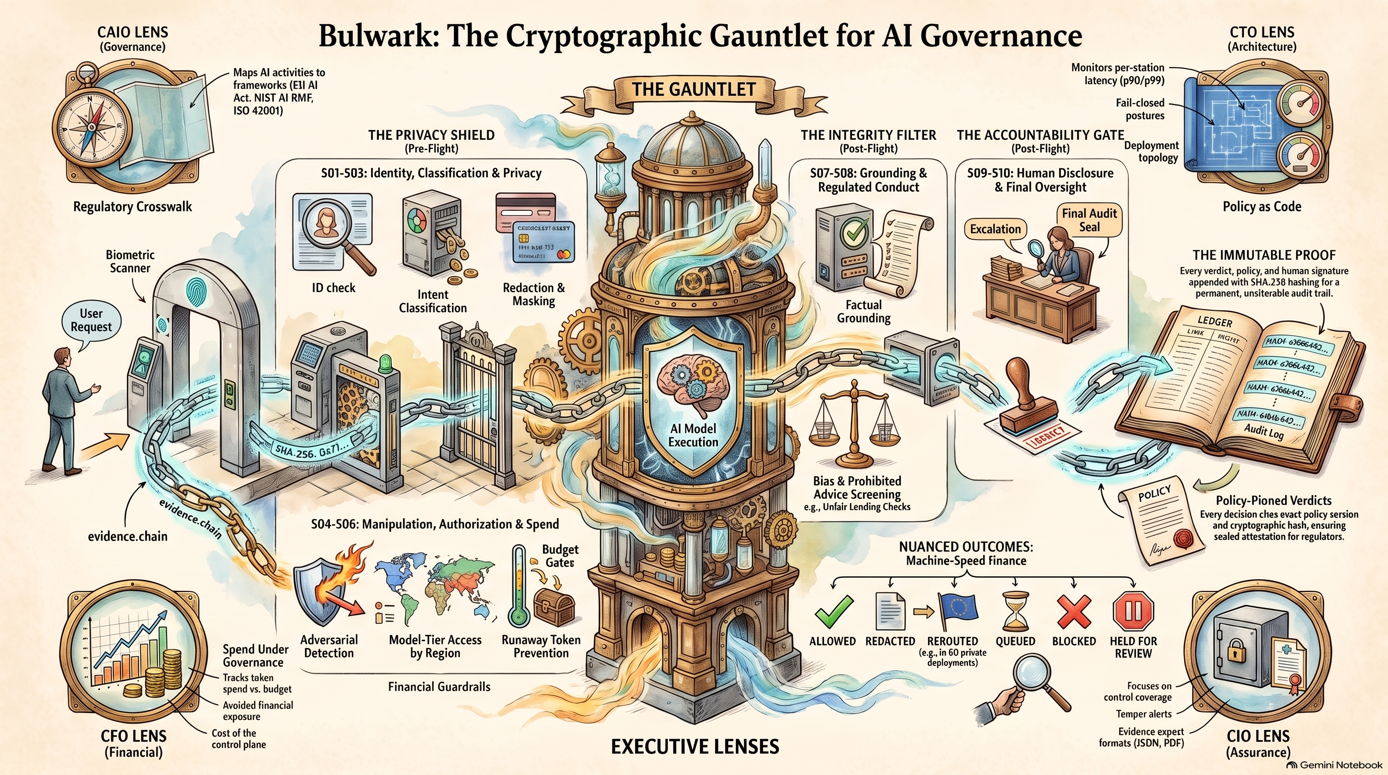 Bulwark AI Governance Gauntlet Process — detailed infographic showing the ten-station inspection pipeline